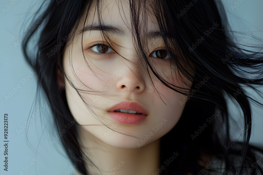 Close-up portrait of a young asian woman with windblown hair, looking directly at the camera
Close-up portrait of a young asian woman with windblown hair, looking directly at the camera