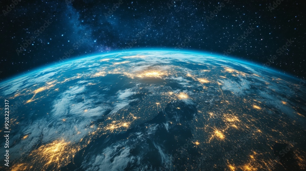 Earth at night with city lights and stars. Earth at night with city lights and stars.