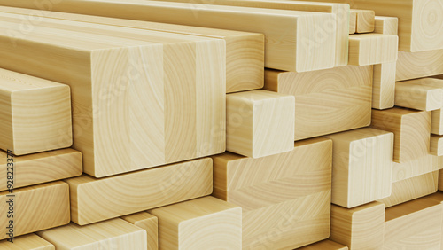 Stack of wooden beams for construction. Close-up wooden beams