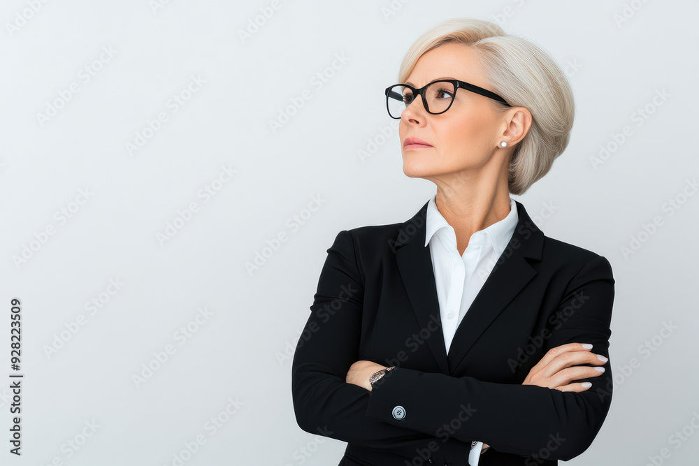 Confident professional reflecting determination, wearing stylish glasses and a tailored suit, embodying leadership and sophistication against a minimalistic background. Confident professional reflecting determination, wearing stylish glasses and a tailored suit, embodying leadership and sophistication against a minimalistic background.