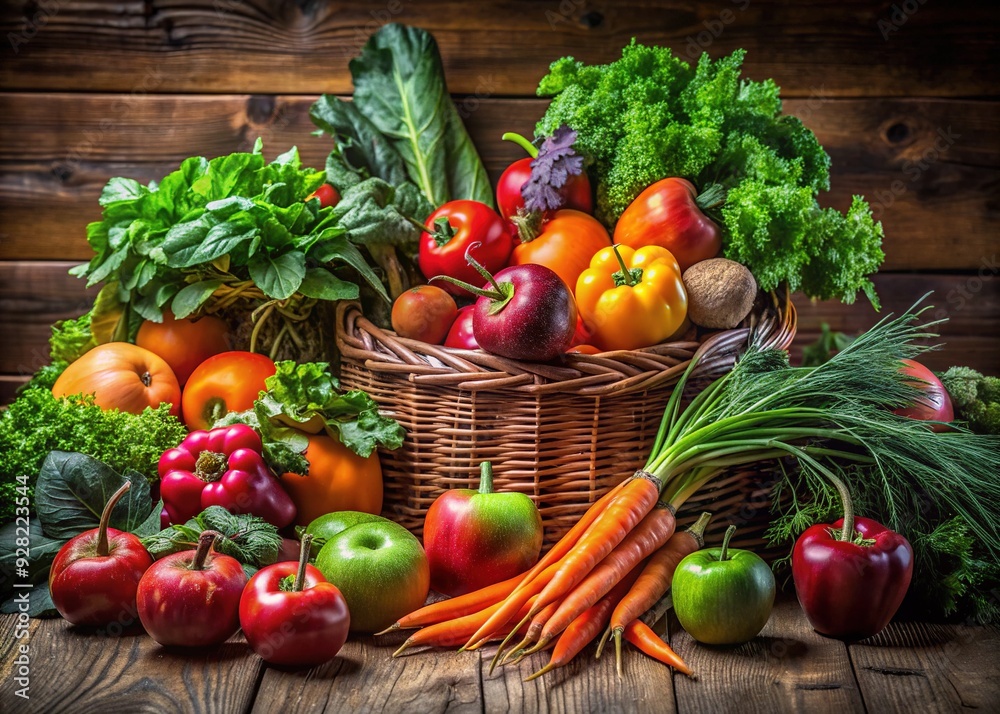 Vibrant colorful arrangement of fresh seasonal fruits and vegetables, including apples, carrots, and leafy greens, artistically displayed on a rustic wooden kitchen table. Vibrant colorful arrangement of fresh seasonal fruits and vegetables, including apples, carrots, and leafy greens, artistically displayed on a rustic wooden kitchen table.