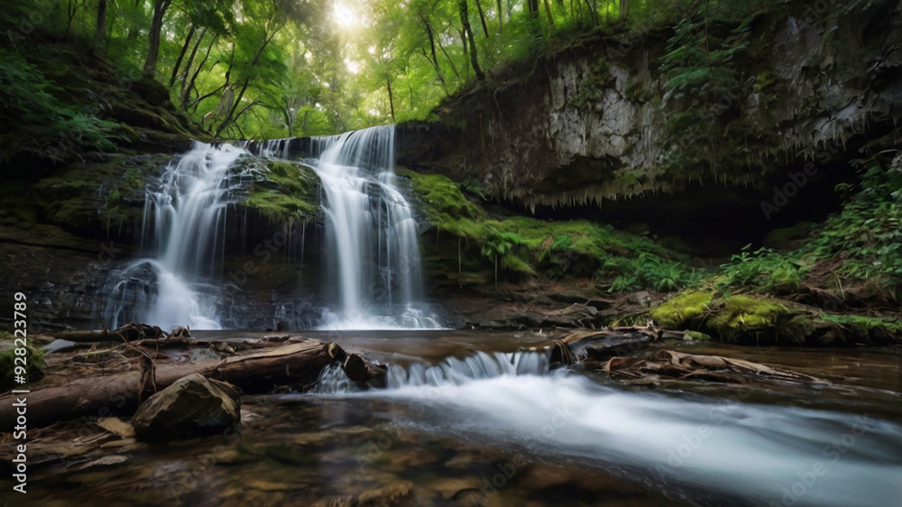Fototapeta premium background view of a waterfall in the middle of a beautiful forest