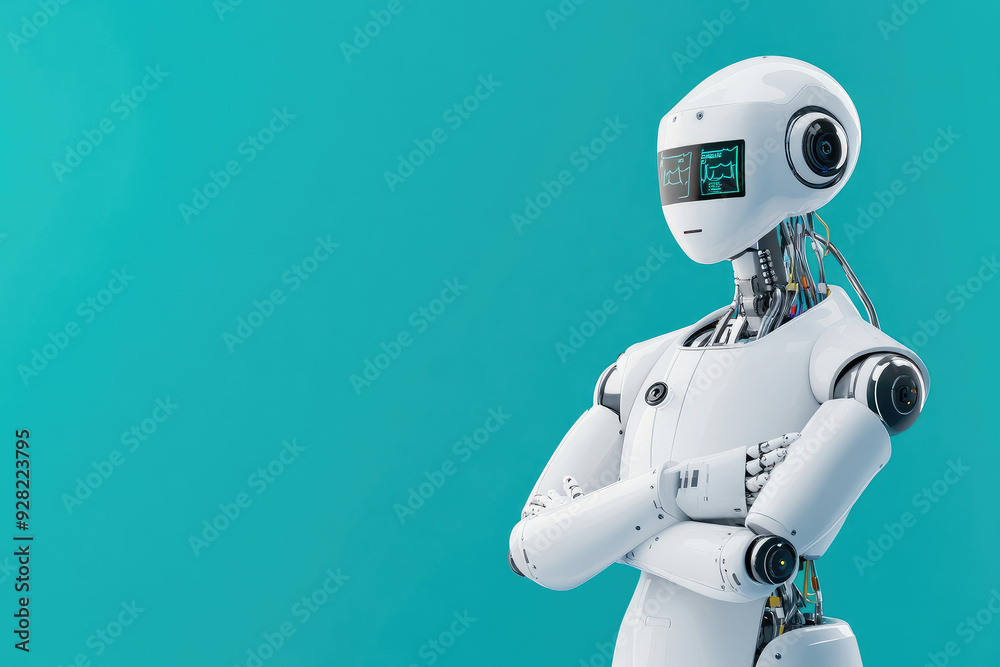 Naklejka premium Futuristic humanoid robot, sleek white design, intricate internal wiring visible, displaying digital facial expressions, set against a vibrant turquoise background.