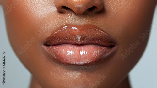 Close up of brown African American woman's lips with shiny clear lip gloss with mouth closed