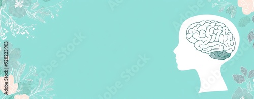 Silhouette of a head with a brain drawing, side view, on a pastel turquoise background, with copy space in the center of the banner, in a minimalist style.