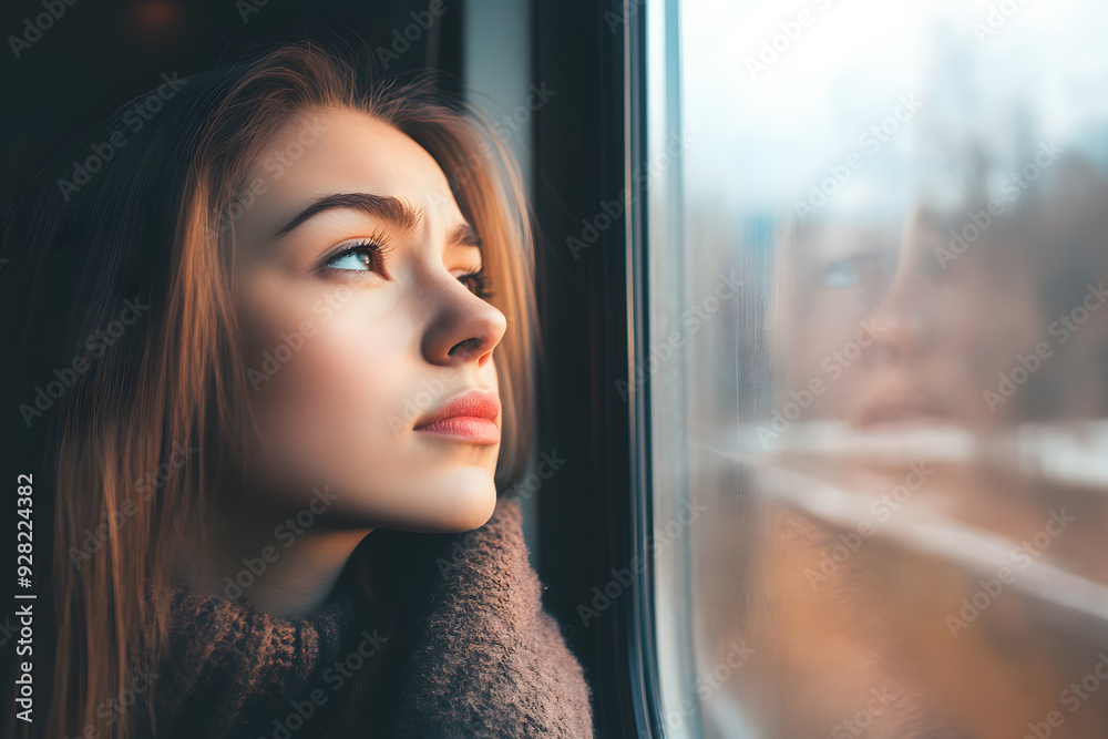 Young woman looking out train window. Traveling Young woman looking out train window. Traveling