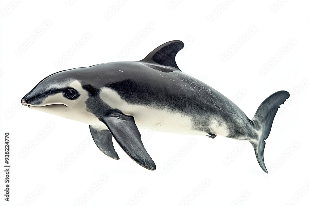 Fototapeta premium A Black and White Dolphin with a Prominent Eye Swimming Against a White Background