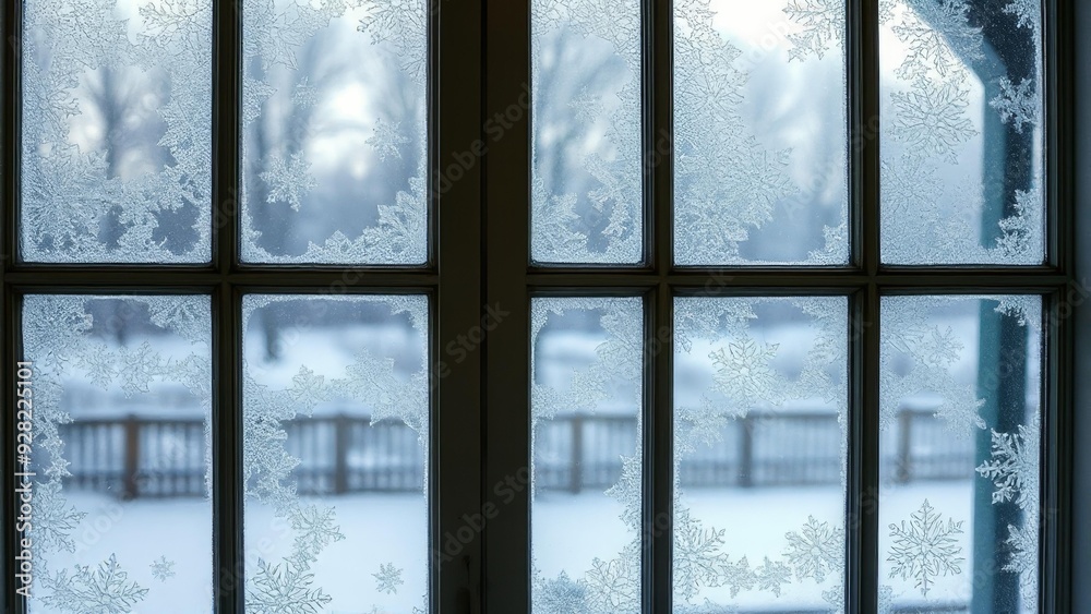 Window with Snowflake Stencils, Winter Scene