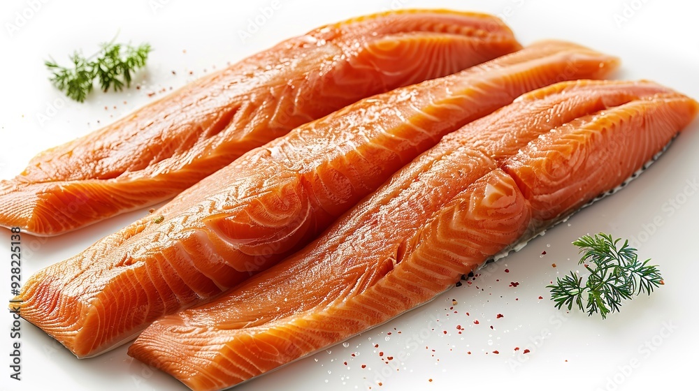 Raw fresh salmon fillet cut into slices and piece on wooden board Raw fresh salmon fillet cut into slices and piece on wooden board