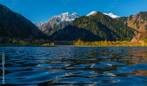 Fototapeta Naklejka Na Ścianę i Meble -  Picturesque mountain lake Issyk in the outskirts of the Kazakh city of Almaty on an autumn morning