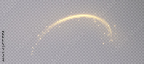 Golden light twirl, curve line light effect with sparks and bock. Glowing golden semicircle. Abstract light energy movement effect. Vector 10 EPS