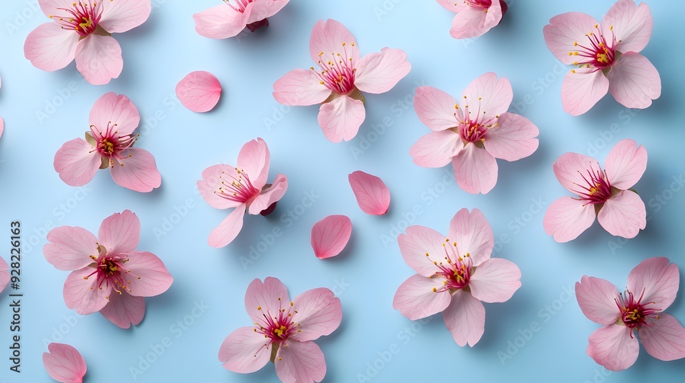 Delicate pink cherry blossoms scattered on a soft blue background. Delicate pink cherry blossoms scattered on a soft blue background.