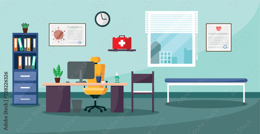 Doctor's office interior. Medicine and healthcare concept. Vector illustration in cartoon style. Doctor's office interior. Medicine and healthcare concept. Vector illustration in cartoon style.