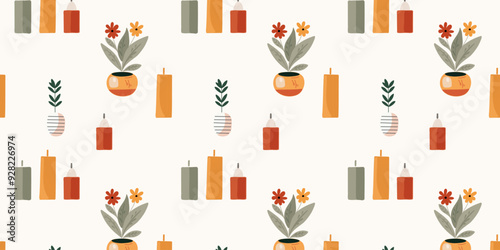 Seamless pattern of candles and potted plants