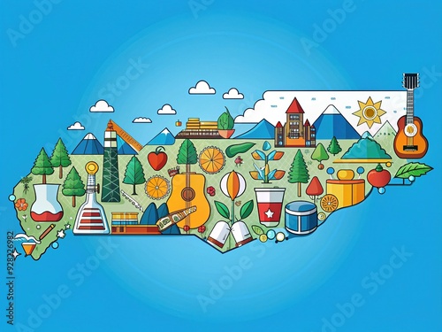 Vibrant illustration of the Tennessee state outline filled with iconic symbols, including guitars, whiskey barrels, and mountains, against a sunny blue background. photo