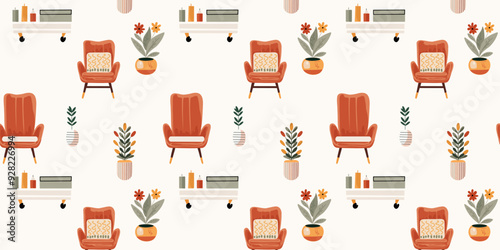 Seamless pattern of a armchair and potted plants
