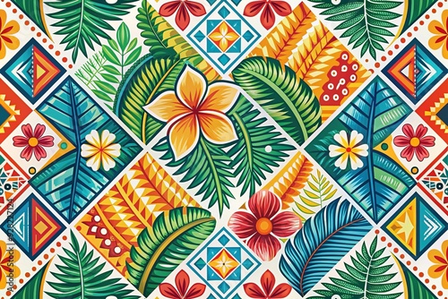 Vibrant illustration of traditional Hawaiian tribal pattern featuring intricate geometric shapes, tropical leaves, and abstract motifs in bold colors on a white background. photo