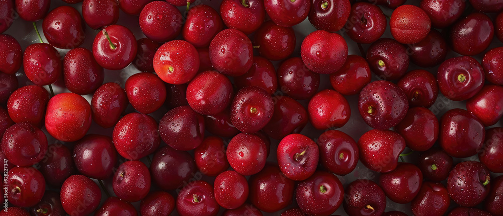 View of a bunch of fresh ripe red Cherry fruits with neatly stacked leaves arranged from above on a wide flat textured background View of a bunch of fresh ripe red Cherry fruits with neatly stacked leaves arranged from above on a wide flat textured background