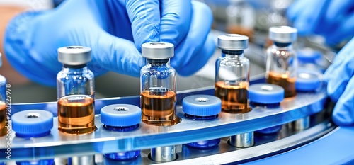 A close up shot of a pharmaceutical production line with vials of medication being processed.