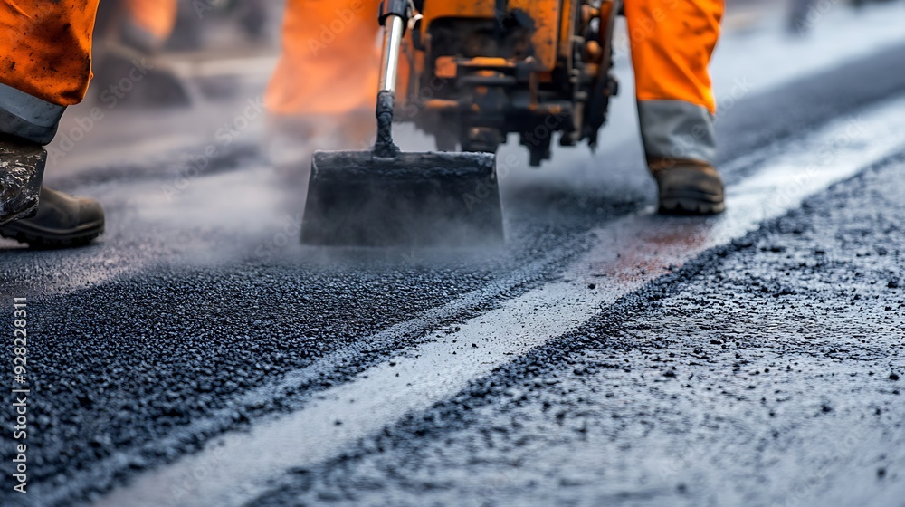 Road Construction: Workers Laying Fresh Asphalt Road Construction: Workers Laying Fresh Asphalt