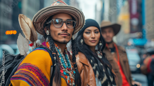 young american indigenous people with fashionable tribal traditional clothes