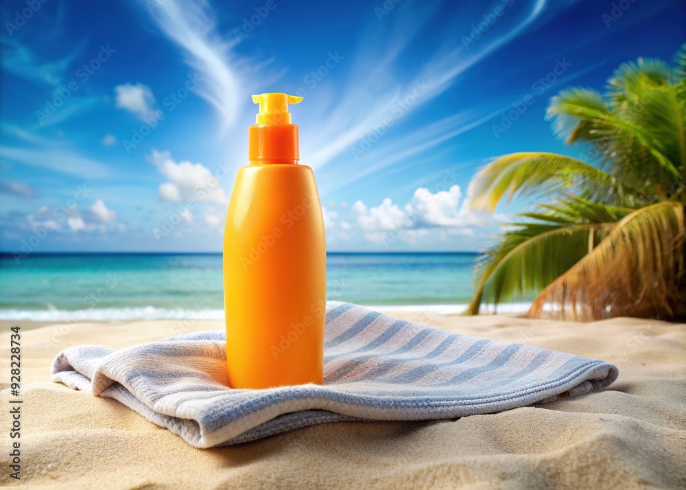 Vibrant orange sunscreen bottle with a rounded cap sits on a sandy beach towel, surrounded by tropical beach scenery under a bright blue sky. Vibrant orange sunscreen bottle with a rounded cap sits on a sandy beach towel, surrounded by tropical beach scenery under a bright blue sky.