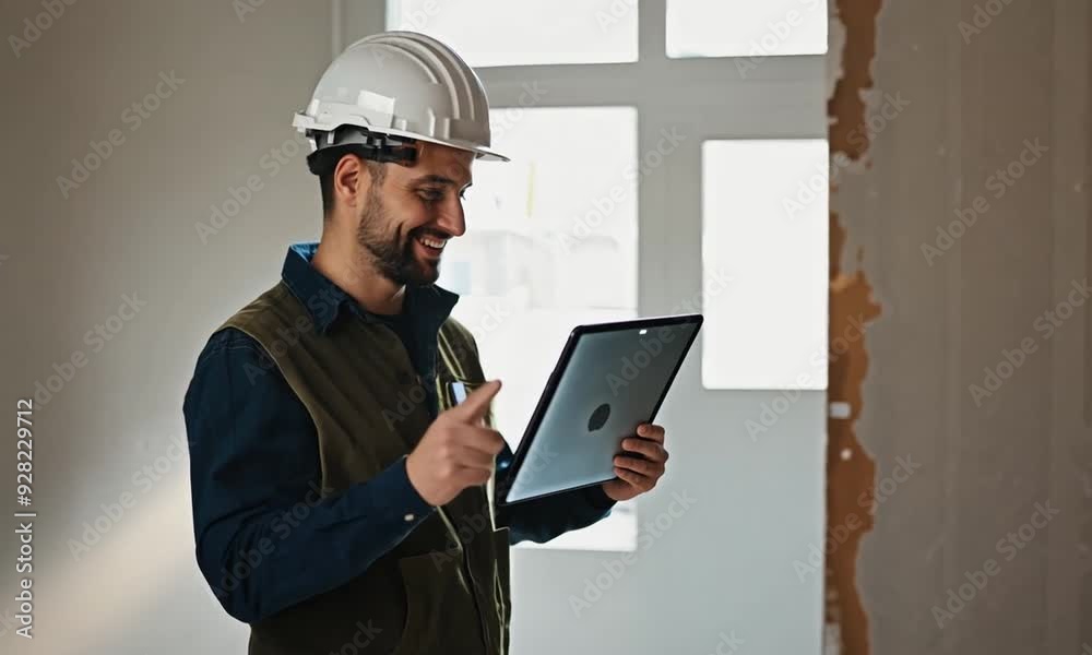 Energetic Construction Worker Using Tablet Energetic Construction Worker Using Tablet