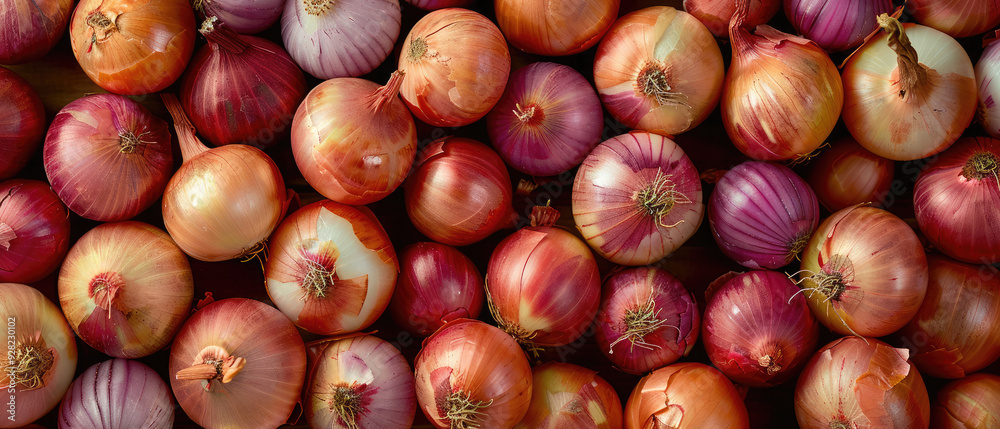 View of a bunch pile of fresh Onion vegetables with neatly stacked leaves arranged from above on a wide flat textured background