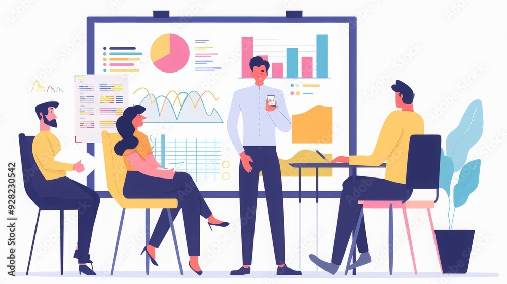 A team of four diverse professionals collaborate on a project, analyzing charts and graphs on a whiteboard. A team of four diverse professionals collaborate on a project, analyzing charts and graphs on a whiteboard.