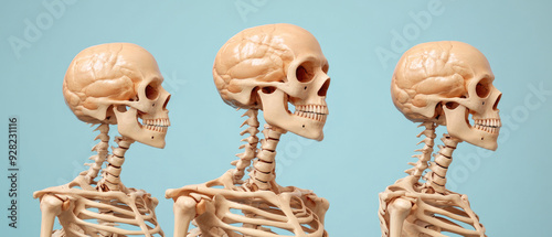 Three anatomical skeletons positioned in profile, showcasing detailed skull structures and vertebral columns against a soft blue background, highlighting human anatomy intricacies. photo