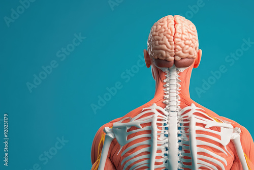 Human Anatomy Model, detailed depiction of the human brain and spinal cord, showcasing muscle structure and skeletal system against a vibrant blue background.