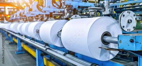 Industrial paper production line with large rolls of white paper being processed in a factory. Manufacturing, industry, machinery, production, automation.