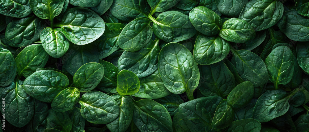 View of a bunch of fresh green Spinach vegetables with neatly stacked leaves arranged from above on a wide flat textured background View of a bunch of fresh green Spinach vegetables with neatly stacked leaves arranged from above on a wide flat textured background