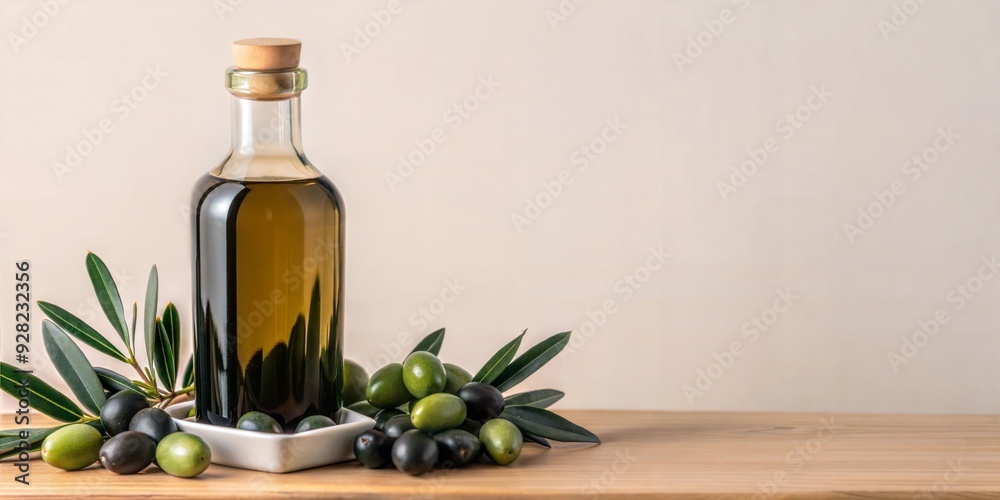 Organic olive oil bottle, with fresh olives and leaves, 3D illustration. copy space for text, no text, no logo Organic olive oil bottle, with fresh olives and leaves, 3D illustration. copy space for text, no text, no logo