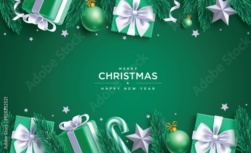 Merry christmas greeting green card vector design. Christmas and happy new year greeting text with pine leaves spruce, gift boxes and stars ornaments in green background. Vector illustration holiday 