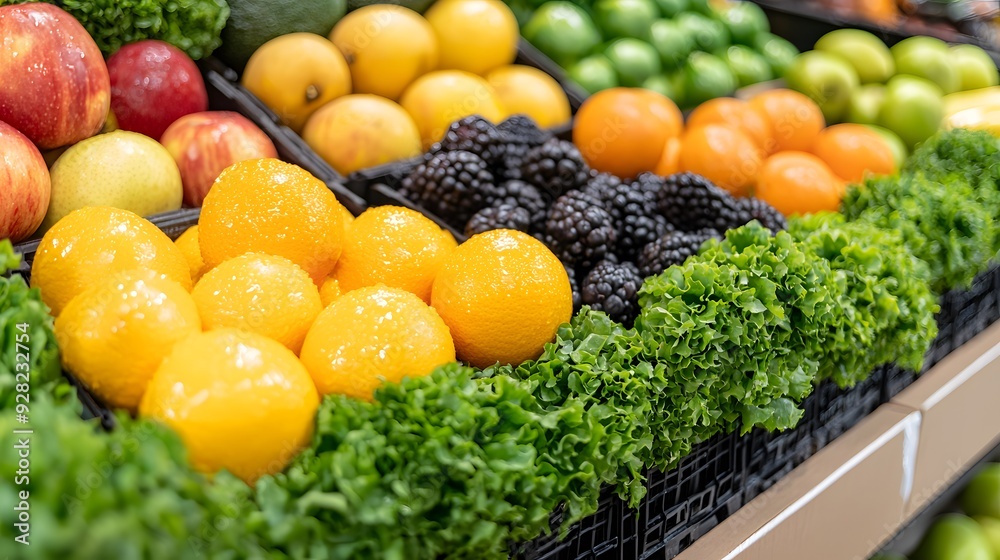 Vibrant display of fresh fruits and greens in a market setting. Vibrant display of fresh fruits and greens in a market setting.