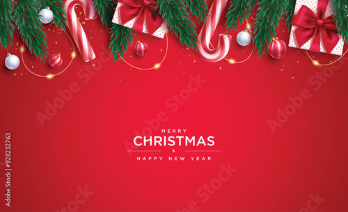 Merry christmas greeting card red vector design. Christmas and happy new year greeting text with spruce garland, gift boxes, xmas lights and balls decoration elements in elegant background. Vector 