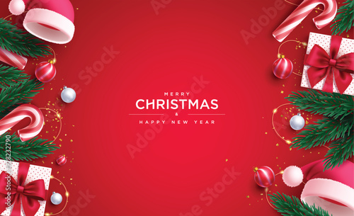 Merry christmas greeting card vector background design. Christmas and happy new year greeting text with garland, gift boxes, candy cane, balls and xmas lights decoration elements in red background. 