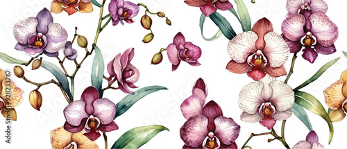 Orchid flower pattern background watercolor style3