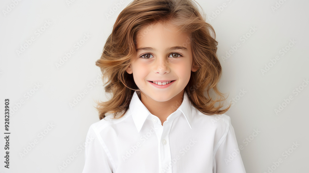 Portrait of a beautiful, happy smiling boy with long hair and perfect skin, white background, banner. Portrait of a beautiful, happy smiling boy with long hair and perfect skin, white background, banner.