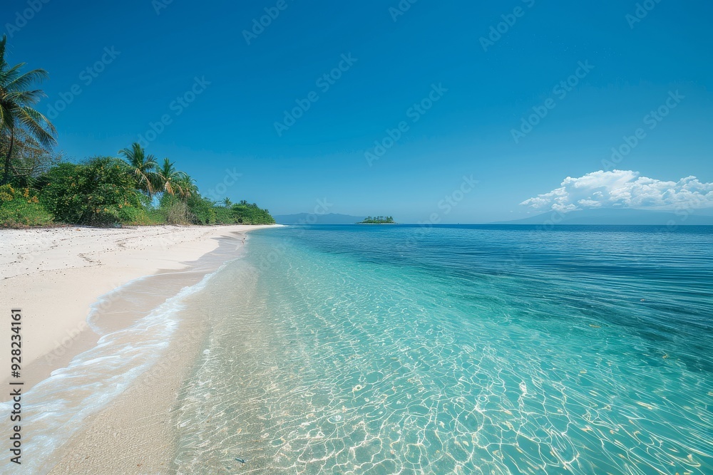 Obraz premium Wide Shot of White Sandy Beach in Balcoes with Small Island on Horizon and Clear Blue Sky