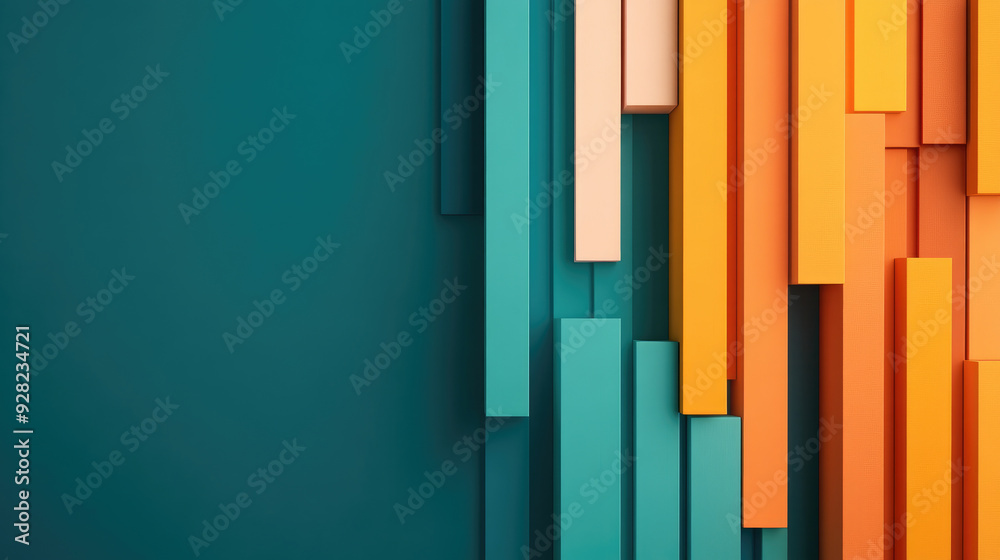 Vibrant geometric abstraction, layered vertical blocks in turquoise, peach, and orange create a dynamic visual interplay against a soothing teal backdrop. Vibrant geometric abstraction, layered vertical blocks in turquoise, peach, and orange create a dynamic visual interplay against a soothing teal backdrop.