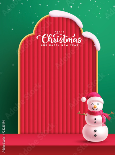 Christmas paper cut backdrop vector poster design. Snow man character with merry christmas and happy new year greeting text in curtains paper cut podium. Vector illustration holiday season poster 
