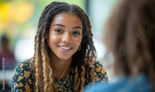 young woman high school counselor talking to student, Generative AI