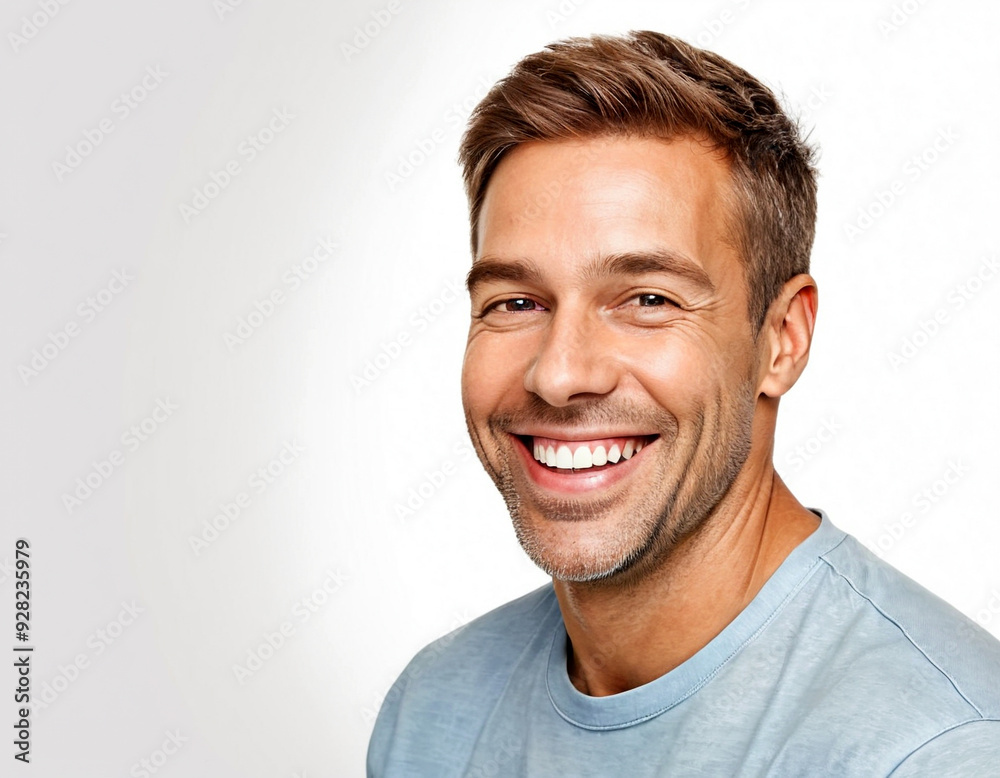 Fototapeta premium Smiling man with light brown hair wearing a blue shirt against a neutral background