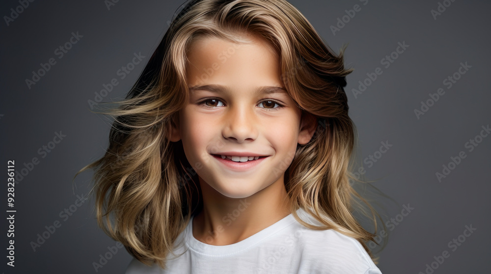 Portrait of a beautiful, happy smiling boy with long hair and perfect skin, silver background, banner. Portrait of a beautiful, happy smiling boy with long hair and perfect skin, silver background, banner.
