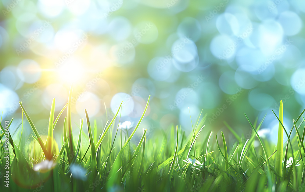 Fototapeta premium Close up of green grass with a bright, blurred background of green and blue bokeh.