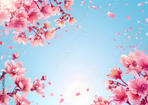 Delicate pink cherry blossoms frame a bright blue sky with falling petals.