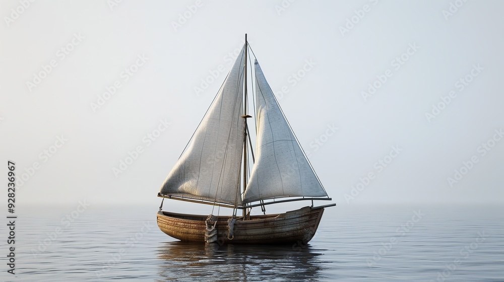 Fototapeta premium A model sailboat with white sails peacefully floats on a gray background