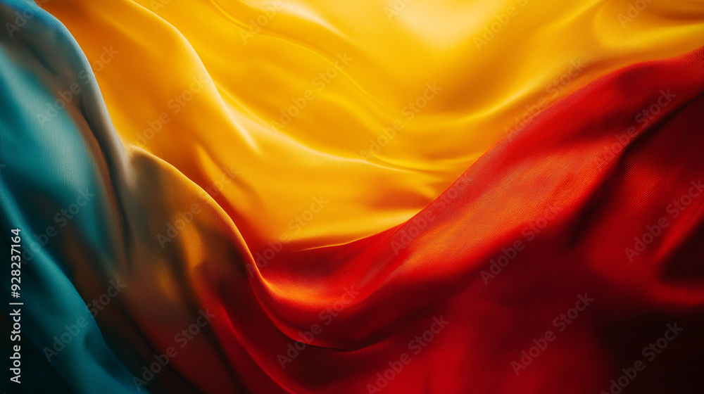 Colorful silk fabric representing the Romanian flag with vibrant blue, yellow, and red waves Colorful silk fabric representing the Romanian flag with vibrant blue, yellow, and red waves